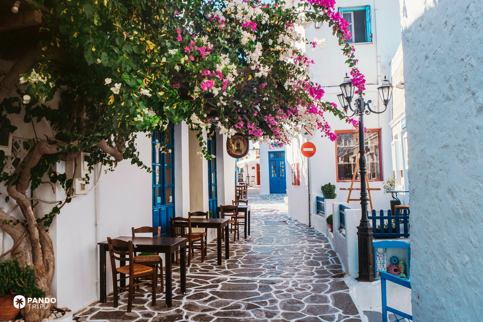 Narrow cobblestone street in Milos, Greece, featuring white-washed buildings with blue doors and vibrant pink bougainvillea flowers.