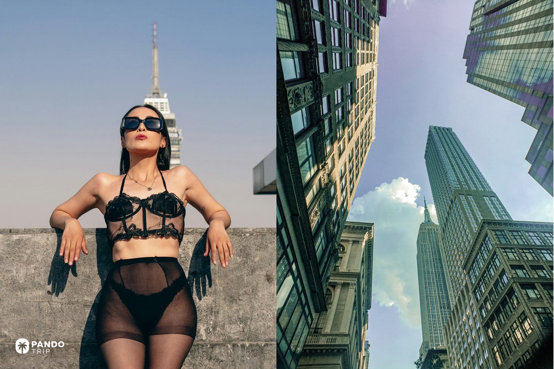 Woman wearing a black lace bustier and sunglasses posing against a skyline, split with a low-angle view of New York City skyscrapers.
