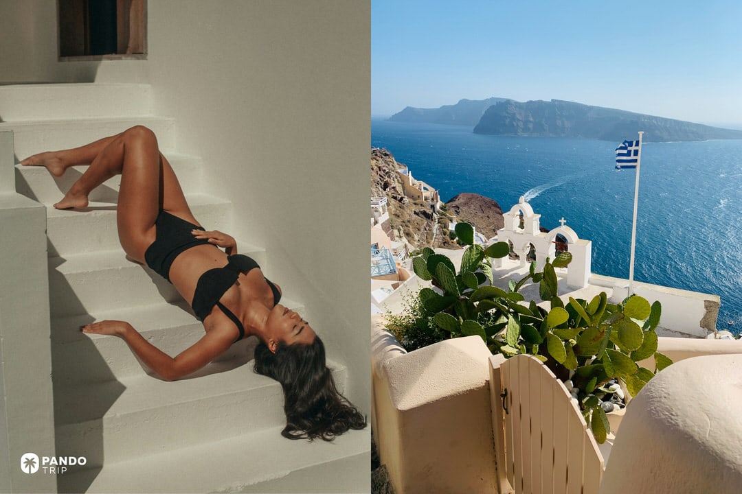 Woman wearing a black two-piece set lying on white architectural stairs, split with a scenic view of the blue ocean and white buildings of Santorini.