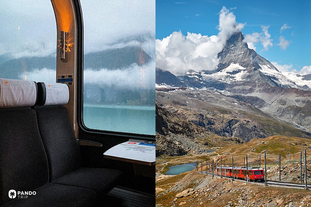 Split-screen image showing a train interior with a window view on the left, and a red train traveling through the Swiss Alps near the Matterhorn on the right.