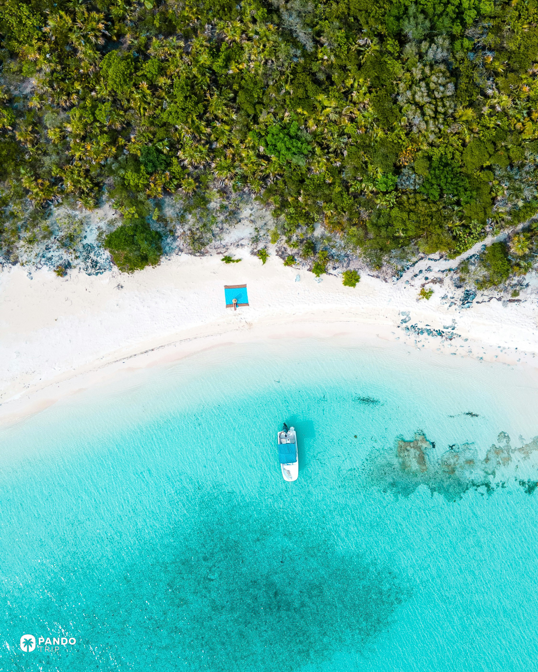 A single boat anchored off an empty white beach backed by palms in the Exumas, Bahamas, seen from directly above.