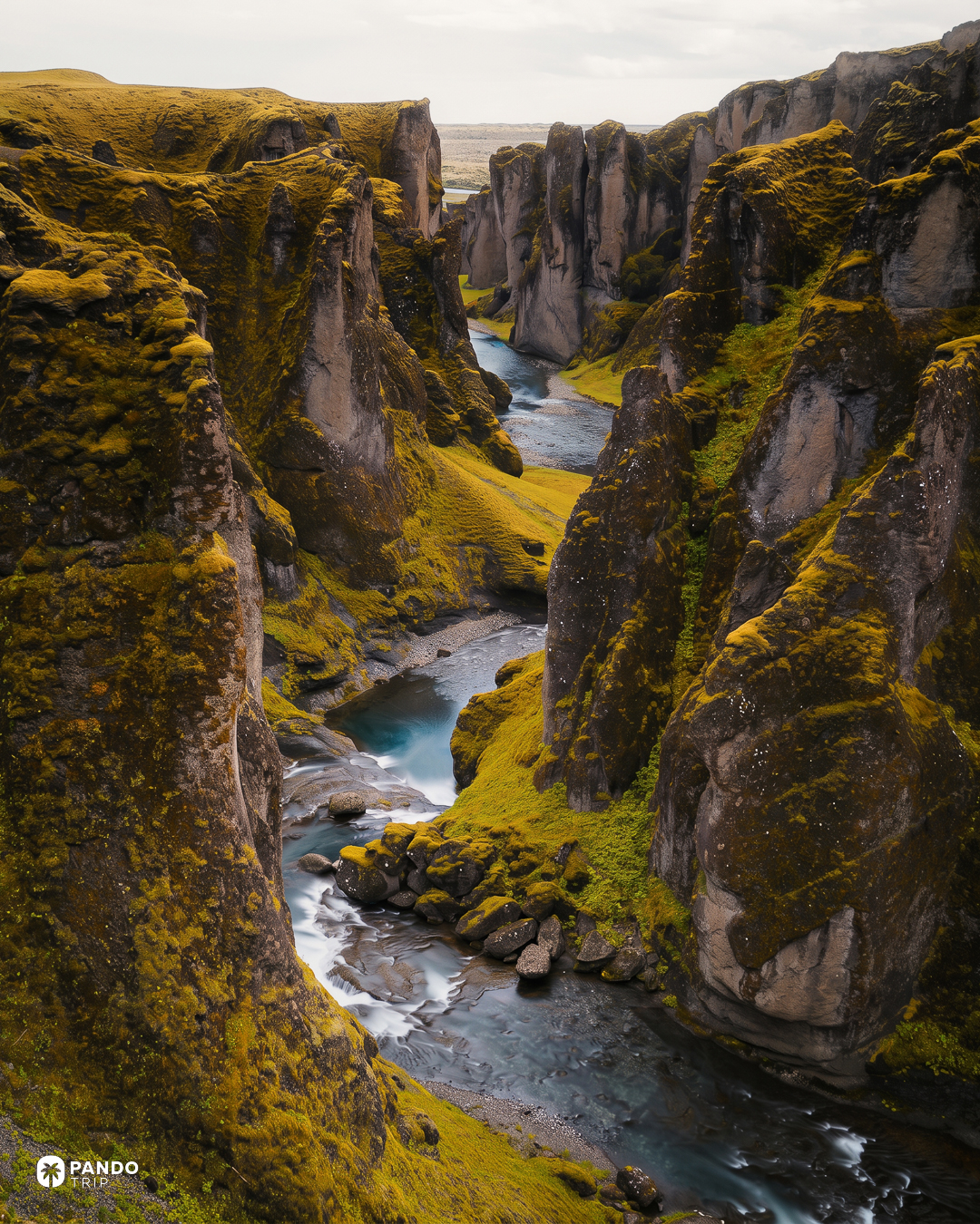 Near-vertical walls of Fjaðrárgljúfur dropping to a turquoise bend in the Fjaðrá river.
