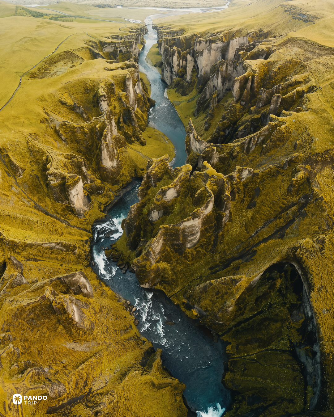 Aerial view of the serpentine bends of Fjaðrárgljúfur with the river threading the bottom.