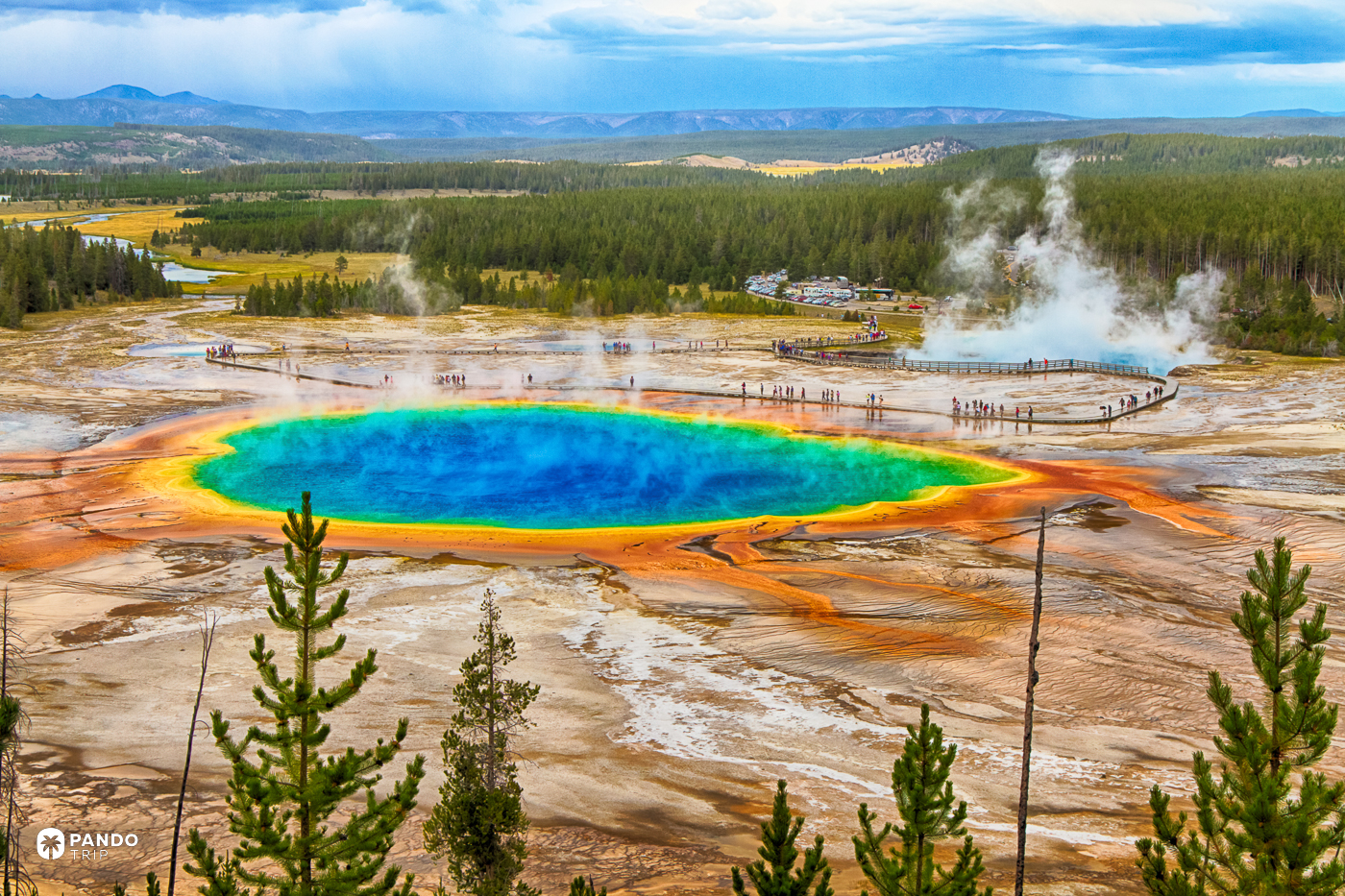 The blue centre and orange edges of Grand Prismatic Spring, with visitors on the boardwalk and steam drifting off the sinter.