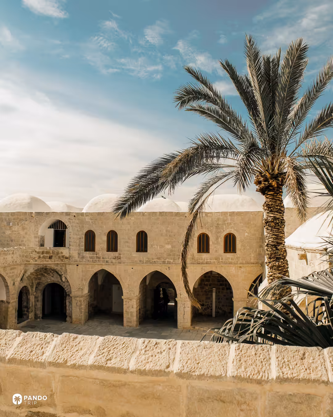 The arcaded stone courtyard and white domes of the Nabi Musa complex in the desert near Jericho, a date palm above the wall.