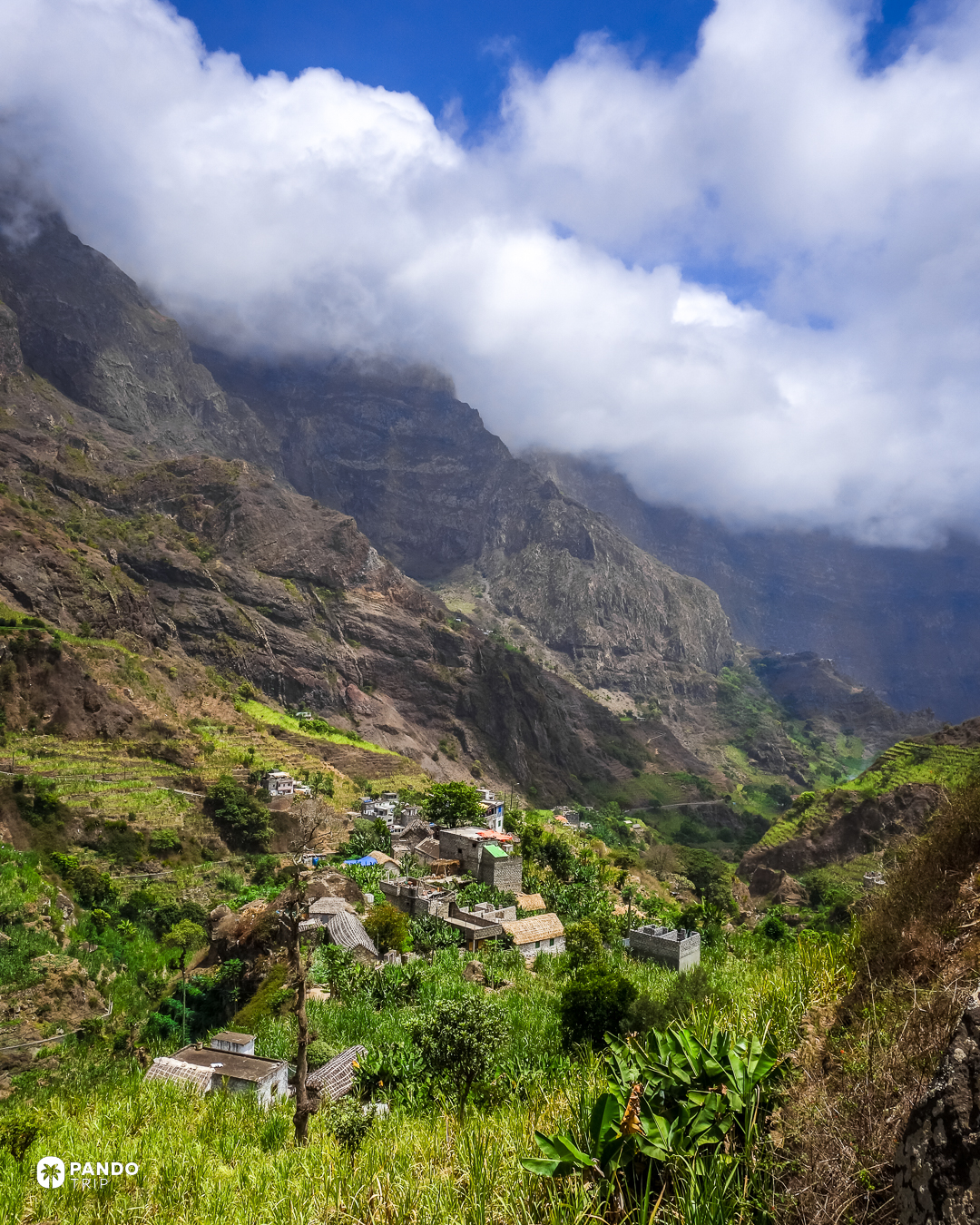 Terraced smallholdings and a village on the floor of the Paul valley under cloud, Santo Antao, Cape Verde.