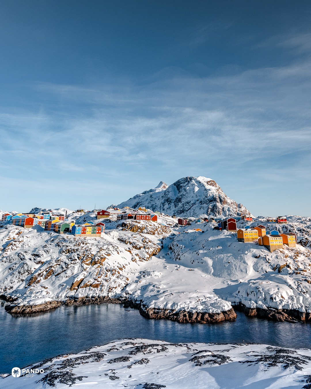 Coloured wooden houses on snow-covered rock above dark water at Sisimiut, west Greenland, a snow peak rising behind the town.