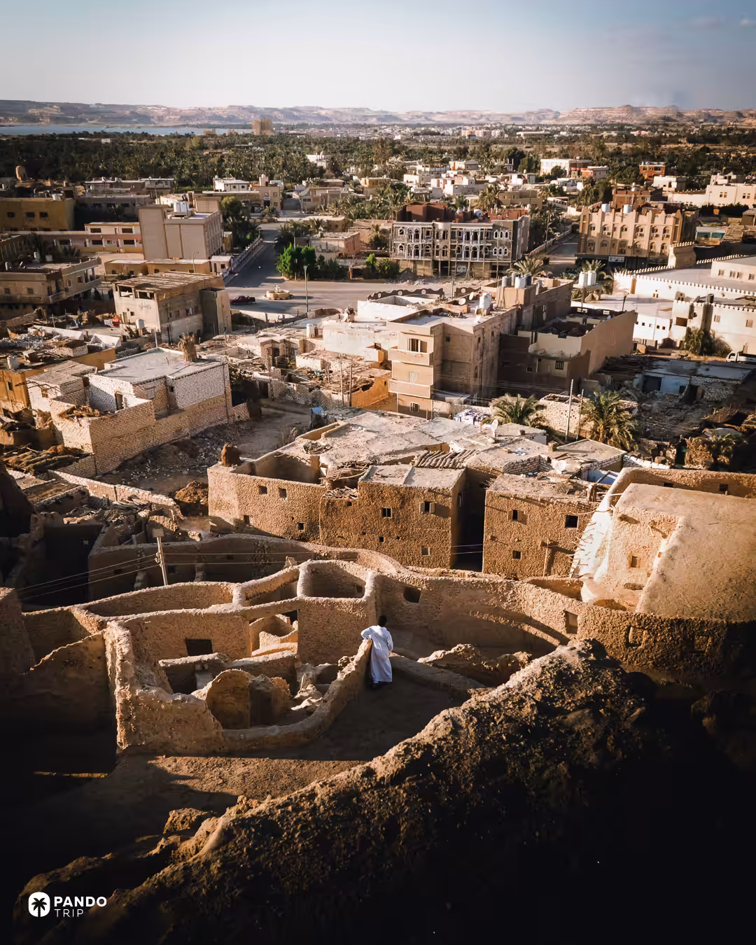 A man in a white galabeya standing among the roofless mudbrick rooms of the Shali fortress, with modern Siwa and its palm groves below.