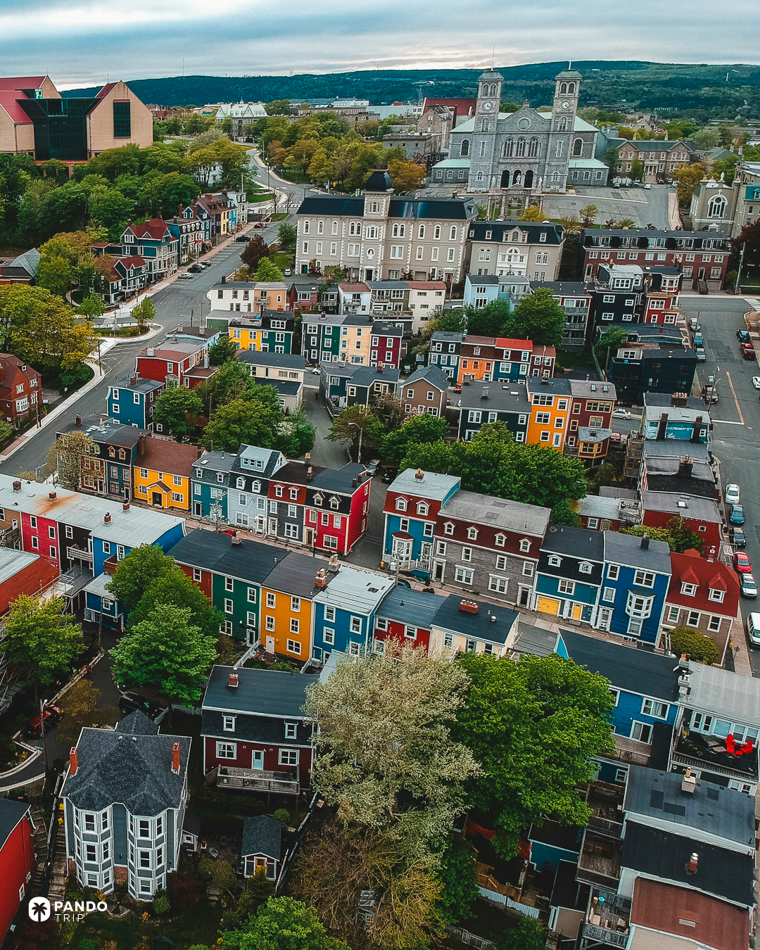 Rows of brightly painted timber houses running downhill below the Basilica in St John's, Newfoundland.