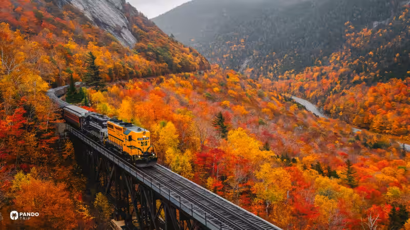 A yellow and green excursion train crossing the Frankenstein Trestle through red, orange and gold autumn forest in Crawford Notch, New Hampshire.